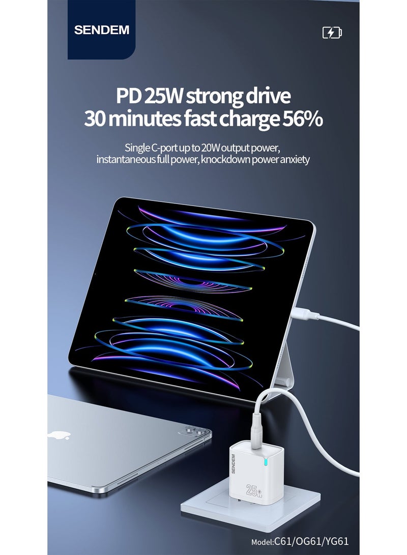 سيندم شاحن SENDEM OG61 السريع بقوة 25 واط بتقنية PD مع كابل من النوع C إلى النوع C - قابس أوروبي - شحن فائق السرعة لأجهزة أندرويد وآيفون - Image 2